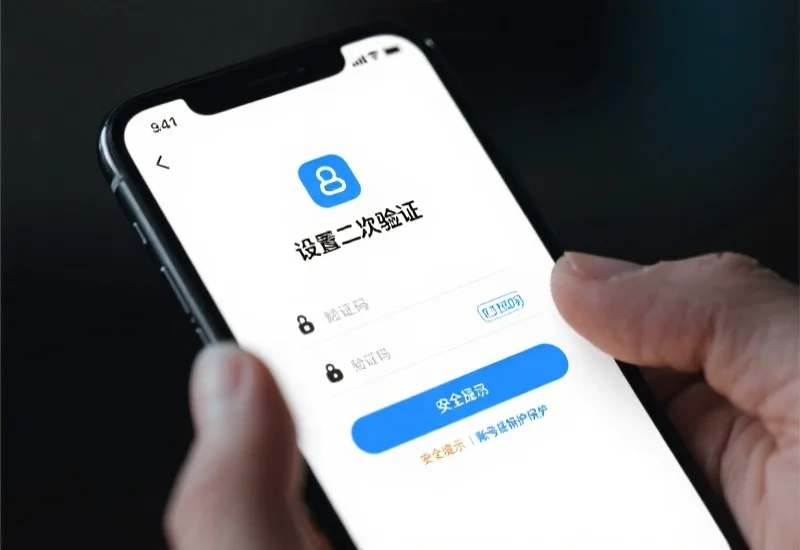 用户在手机上设置二次验证，界面显示输入验证码和安全提示，突出强调账号保护